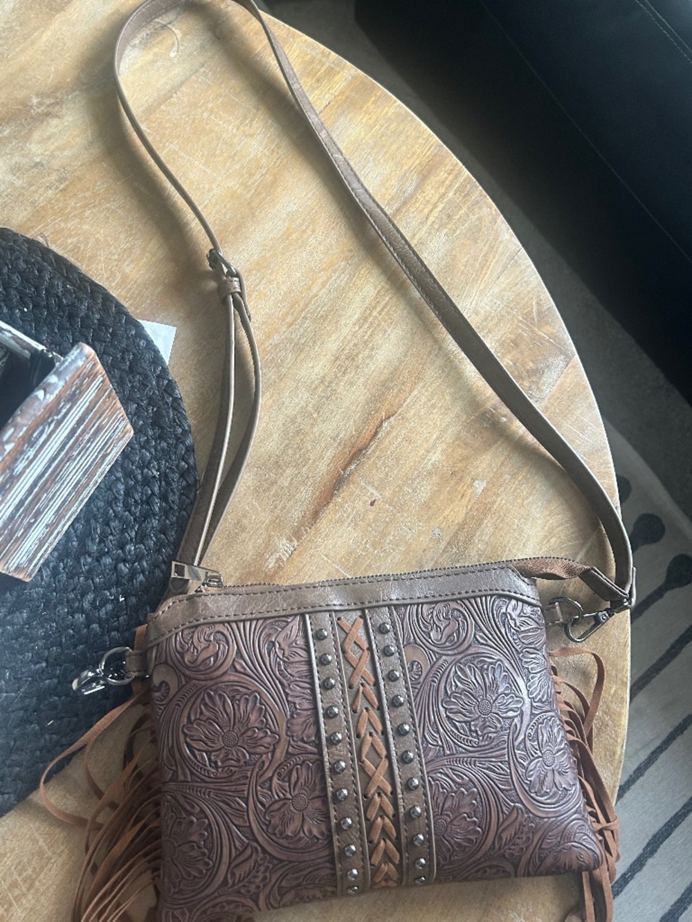 genuine tooled leather crossbody purse with fringe